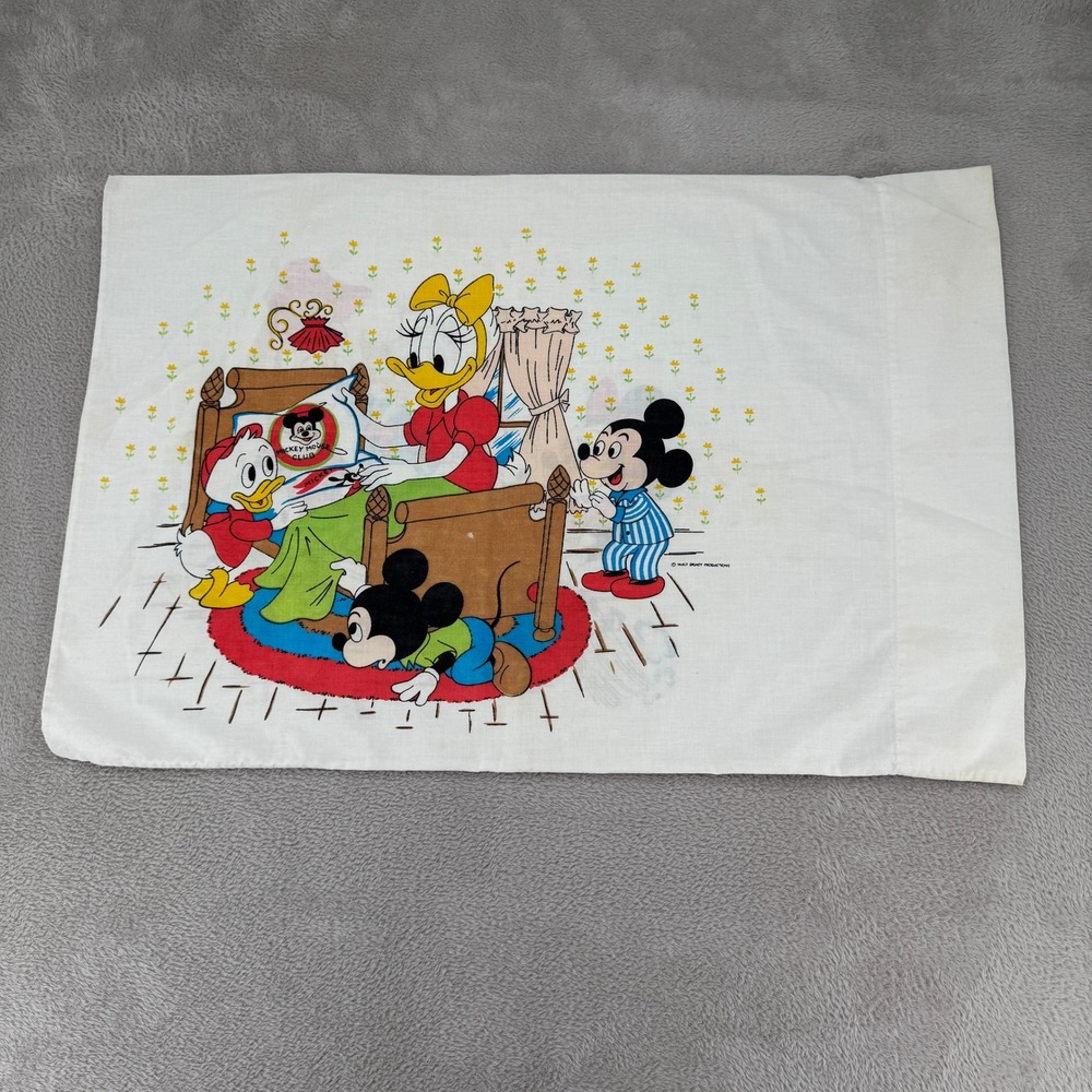 VTG 70s Disney Mickey Mouse Club Chores‎ Pillowcase White Donald Daisy Minnie
